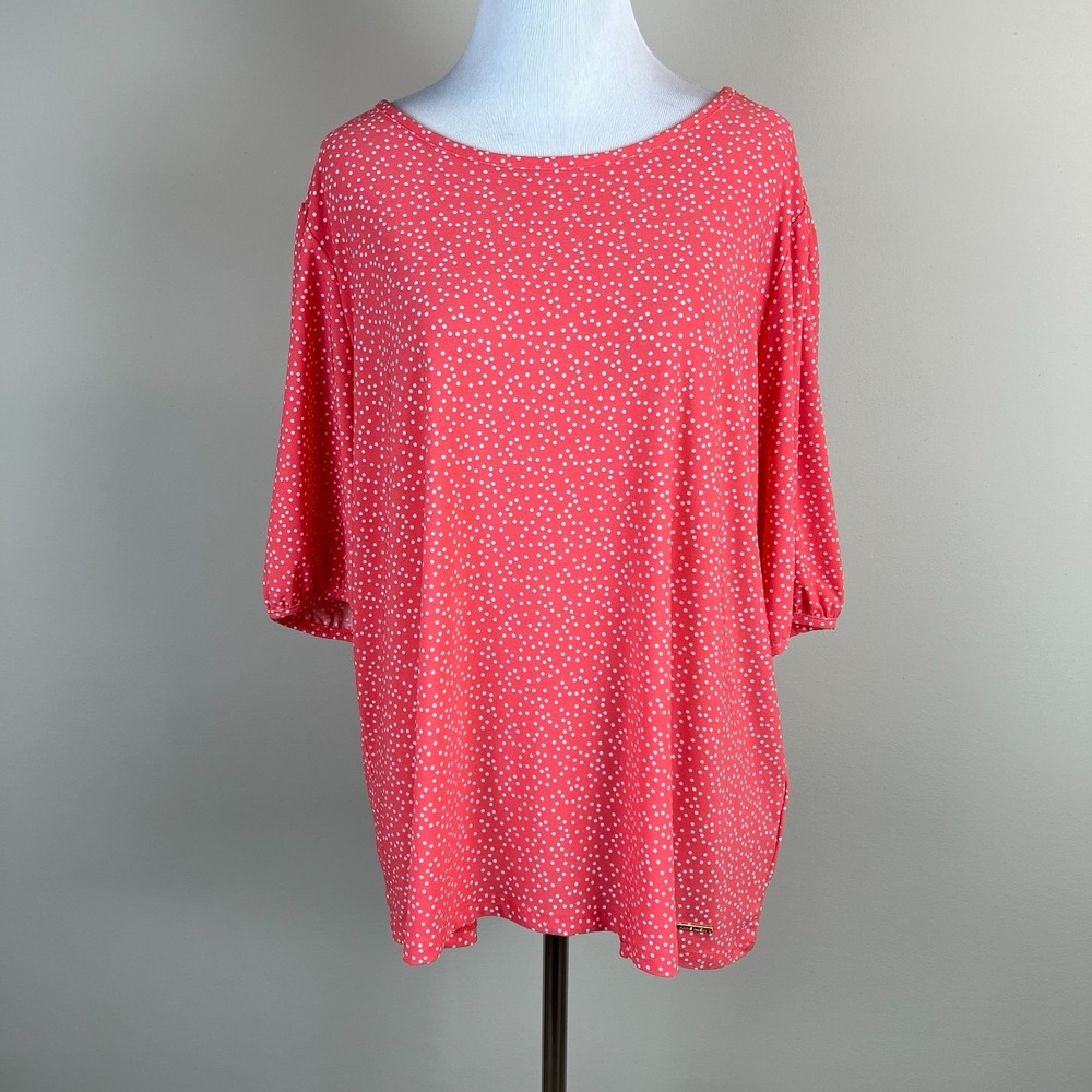 Anne Klein Top Womens XL Coral Polka Dot Puff Sleeve Jersey Stretch‎ SS Blouse